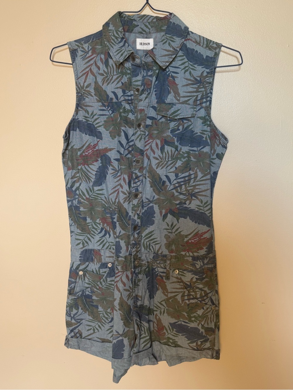 Hudson Jeans Harmony Sleeveless Button-Front Tropical Romper Blue, Green NWT
